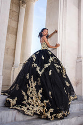 Sequin Ball Gowns Strapless Black Gold Quinceanera Dresses for Sweet 16